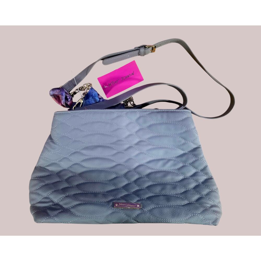 Betsey Johnson Blue Quilted Shoulder Bag Heart Padlock Floral Scarf Tote image 2